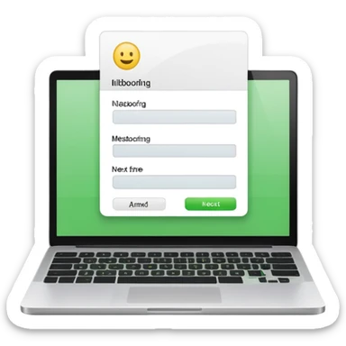 A emoji-style illustration of a laptop front facing with its screen showing onboarding form. On the screen, display a small white form card with a few simplified input fields. Add a bright green 'Next' button at the bottom of the card. sticker