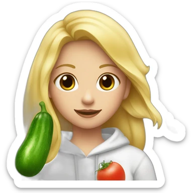 blonde girl  eating  cucumber and tomatoes with white hoodie iridescent and a crown princess sticker