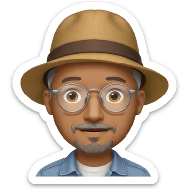 Brown man with wide rimmed hat no hair, gray goatee, clear glasses and slightly smiling sticker