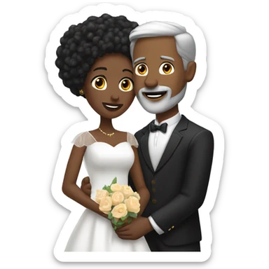 A white man with grey hair and with a goatee has just married, with a black woman with black hair and a brown complexion. They have a lot of money. they are hugged sticker