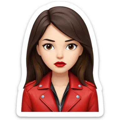 brunette with long hair in cuir jacket with red lips and black brown eyes sticker