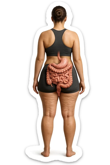 una donna di spalle a figura intera in gym shorts con cellulite e intestino umano anatomico, iperrealistica 4k
 sticker