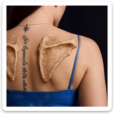 Add detailed scapulae on the woman's back in a realistic style with a texture that highlights the bone surface. The image should emphasize the tactile quality and surface details of the scapulae. sticker