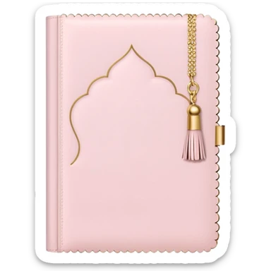 a soft pink journal with scalloped edges, tiny gold dot details, and a small tassel charm, cozy and elegant stationery vibe sticker