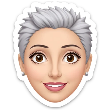 Puerto Rican actress Marian Pabón with elongated face, light pinkish skin, almond-shaped expressive eyes, straight nose, well-defined lips with wide smile, arched eyebrows, pronounced cheekbones, short spiky gray hair like a man's cut sticker