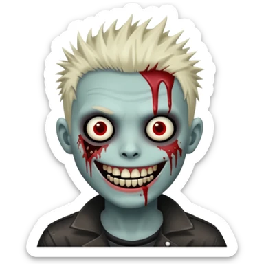 zombie boy withemo spiky hair, white skin, and white eyes; an open smile, and bloodied teeth; sticker