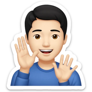 Asia guy black hair side part rubbing hand together and smirking with tongue out on the side sticker