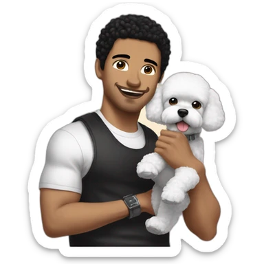 white man black hair,  rapper flexing with a bichon sticker