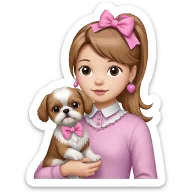 Human girl with light brown hair holding shih tzu with a pink bow with a ponytail on the dog  sticker