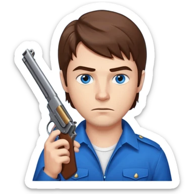 guy w medium long brown hair and blue eyes with gun pointed up at his chin sticker