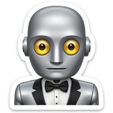 Silver robot with a square head, no hair, yellow eyes without pupils, thick moustache, wearing a tuxedo, buff sticker