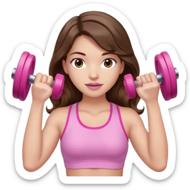girl with wavy long brown hair, brown eyes, light to medium complexion, long lashes, light pink lipstick, wearing light pink shirt, lifting pink dumbbells in a sports top sticker