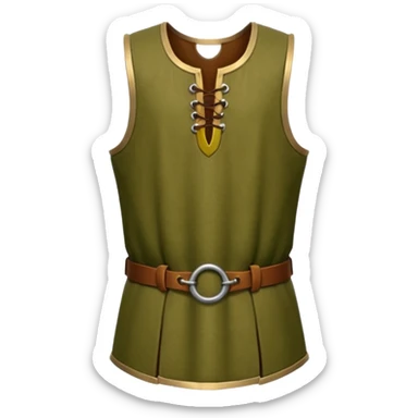 A stylized 3D render of a sleeveless medieval tunic, olive green fabric, scoop neck with a small keyhole opening fastened by brown leather toggles. sticker