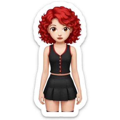red haired girl with 2 big curls on the sides of her hair with a button up black tank top with red accents and a short skirt with red end sticker