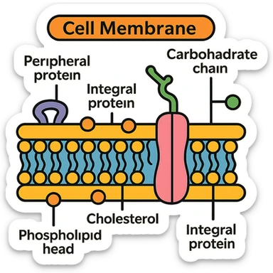 scientific diagram style detailed illustration of cell membrane structure showing all major components with labels and clean textbook-like appearance sticker