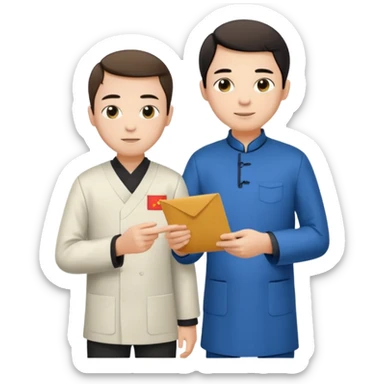 a young student with morden T-shirt handing letter to a old man official with chinese tunic suit sticker