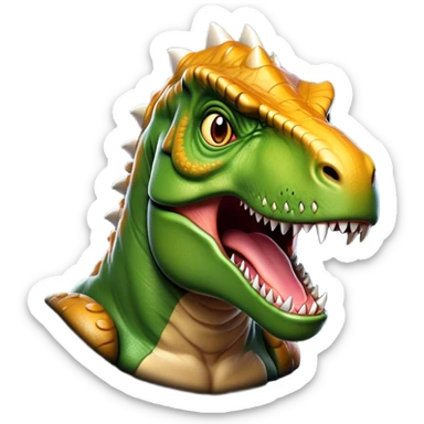 Cinematic Noble T-rex Portrait Emoji, Poised and commanding, with a massive, powerful head, a robust, muscular body, tiny, determined arms, and a fearsome yet noble gaze, Simplified yet sharply defined features, highly detailed, glowing with a cool, primal radiance, high shine, intelligent and formidable, stylized with an air of ancient predatory authority, focused and vigilant, soft glowing outline, capturing the essence of a watchful and confident T-rex that appears ready to roar out of the screen with effortless might! sticker