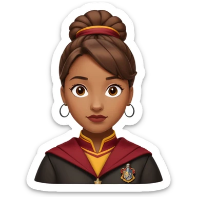 Angelina Johnson in harry potter, wear hogwarts gryfindor uniform,  thick, brown knot bun hair , reflecting her bold, stylish, and strong personality sticker
