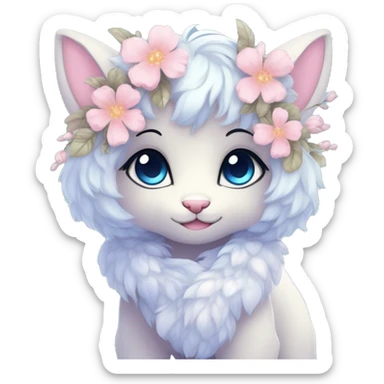 Anthro Cute Cool Pastel Innocent Shy Kawaii gorgeous sparkly ethereal fantasy animal creature with blue eyes furry sona with flowers and ribbons beautiful aesthetic sticker