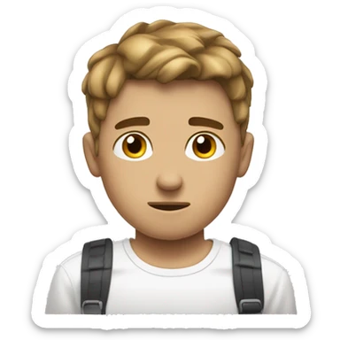 White boy with a brown curtains haircut in a white Nike shirt, he is feeling Ashamed as he has no travel plan in mind sticker