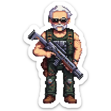old skinny tough charismatic character from STALKER with a big machine gun sticker