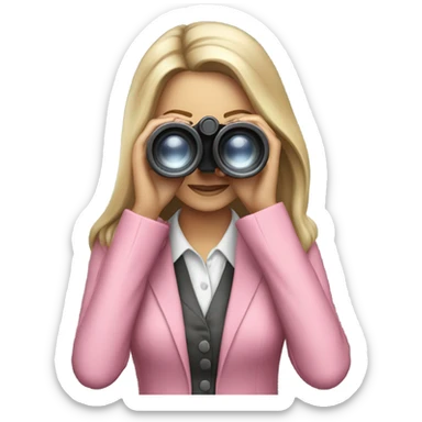 secretary style white female employee in pink suit using binoculars with long loose hair. must look straight in front of a camera sticker