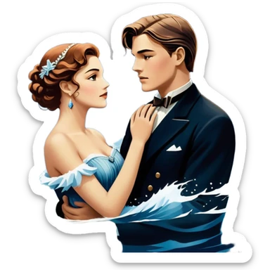 Icon for Titanic Movie: A vintage movie poster-style design featuring a dramatic scene of the ship, the iceberg, and a romantic silhouette of the main couple. Include elements like the ship’s bow, water splashes, and a starry sky in the background. Retro cinematic feel. Transparent background. sticker