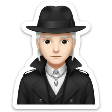 Male Goth with Fedora
 Sleek long hair, white skin, black trench coat, silver necklace visible under coat, white long hair sticker