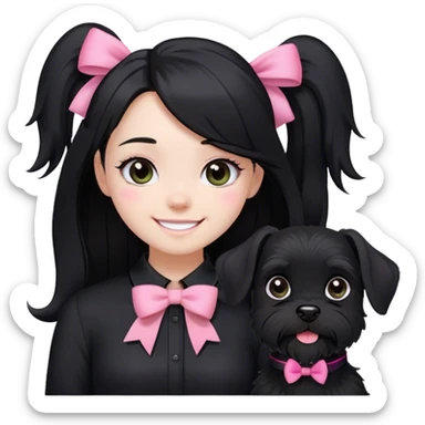 pale girl smiling with light eyes and long black hair wearing black shirt with bow on and smiling black schnauzer with pink collar sticker