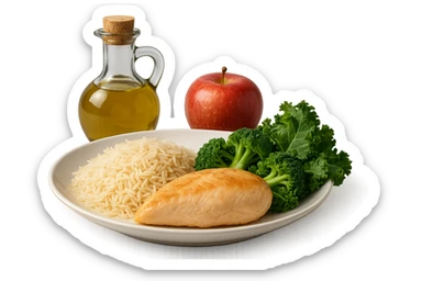 Riso basmati
Petto di pollo
Verdura fibrosa verde
Olio EVO
Mela
vista frontale, iperrealistico 4k sticker