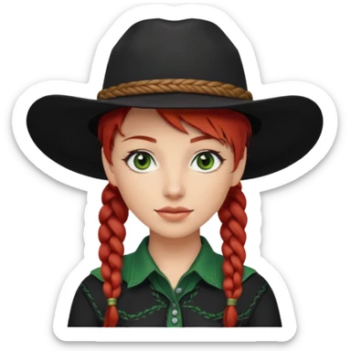 cowgirl with red hair green eyes black hat one braid in hair over right shoulder sticker