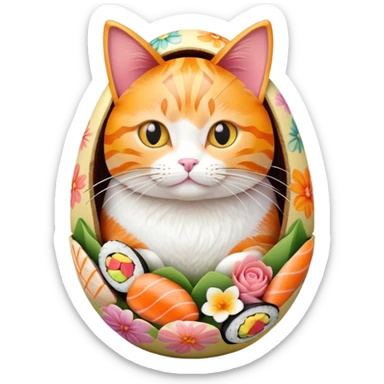cat sitting in a decorated Easter egg made of sushi, colorful Easter patterns on the sushi egg sticker