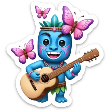 Pixar style little Cartoon Blue and pink tiki singing with a butterfly and playing a guitar, ultra detailed and lifelike imagery sticker