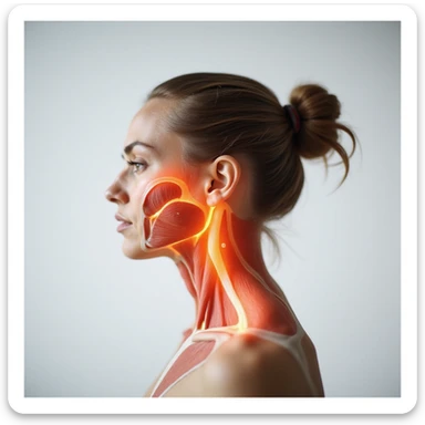 realistic anatomical view of a woman showing head and neck muscles highlighted, expression of pain indicating headache, neutral background sticker
