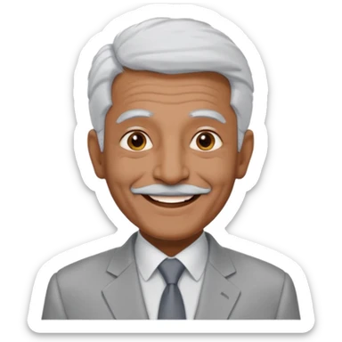 70 yr old man, very short spike white hair, pakistani, light grey business suit, big smile, dark skin, no facial hair
 sticker