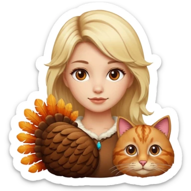 A blonde woman with a thanksgiving turkey cat sticker