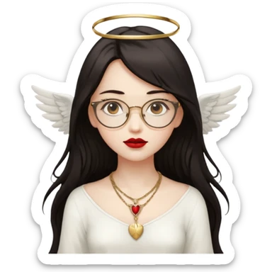 Angel girl with eyeglasses and long dark hair with red lipstick  and push gold necklaces and dark eyes with withe wings sticker