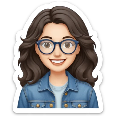 Mujer caucasian, cara redonda, gafas grandes rectangulares, cejas delgadas, pelo oscuro ondulado largo. Sonrisa amplia, expresión feliz. Chaqueta de mahón. sticker