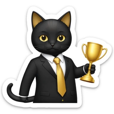 A black cat in a black business suit and the name PrimeCopy next to it sticker