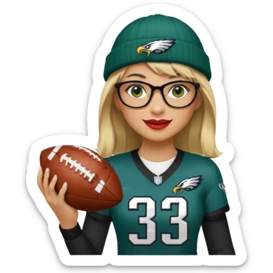 full length women wearing eagles uniform, long blonde hair, styled bangs, green eyes, black glasses, holding football, number 33, smiling, lipstick, eagles beanie sticker