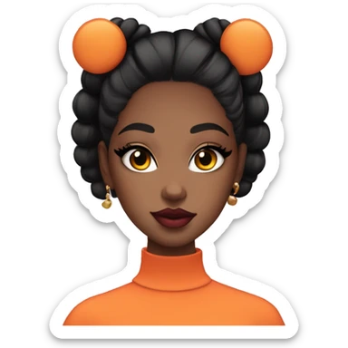 Girl with space buns black hair, cat eye, pink hot eye shadow and bold orange lips sticker