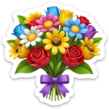 Apple-style 3D emoji of a colorful flower bouquet, tied together with a small ribbon, different bright flowers like roses, tulips and daisies, cheerful and elegant design, no background sticker