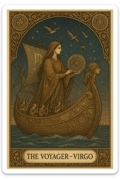 Create a Tarot card titled "The Voyager – Virgo" featuring a serene Virgo figure traveling on a majestic ship across a starlit sea. The Virgo appears graceful and introspective, wearing flowing earth-toned robes embroidered with fine constellations and botanical patterns. She holds a celestial map or astrolabe, symbolizing wisdom and direction. The ship is ornately carved with zodiac motifs, arcane symbols, and detailed woodwork representing elements of nature and time. Birds soar overhead in elegant formation, symbolizing spiritual guidance, while a group of musicians onboard plays harps, flutes, and lyres—each instrument etched with runes and celestial glyphs. Surrounding the card’s border are elaborate vine patterns, miniature zodiac wheels, and golden filigree that shimmer with ethereal light. The background should feature a richly textured twilight sky with layered stars, subtle planetary alignments, and faint Virgo glyphs woven into the sails and horizon. The overall composition should evoke mystery, harmony, and divine purpose, blending traditional Tarot symbolism with intricate artistic craftsmanship sticker