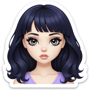 wavy black long bangs hair, pale skin, dark black iris, pretty bratz baddie, strong black eyeliner sticker