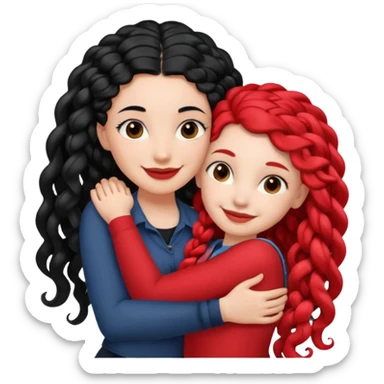 White girl long black hair hugs black girl with red French curl braids  sticker