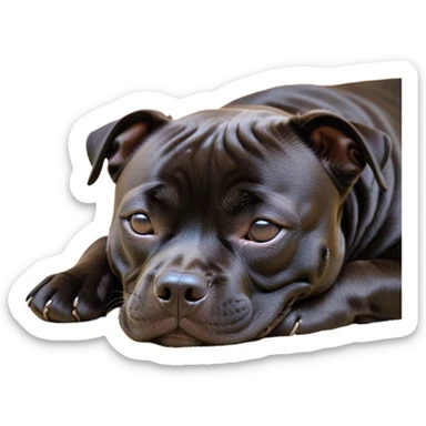 Meme-Worthy Cute Sleeping Black/Brindle Staffordshire Bull Terrier Portrait Emoji, Head resting peacefully with a contented smile, showcasing a delightfully compact build and a luxuriously soft Fur with an attractive black and brindle blend, eyes shut in a serene nap, Simplified yet hilariously adorable features, highly detailed, glowing with a soft, drowsy light, high shine, relaxed and utterly lovable, stylized with an air of playful laziness, bright and heartwarming, soft glowing outline, capturing the essence of a comically sleepy guardian, so meme-worthy it feels like it could instantly become the next viral sensation of adorable slumber! sticker