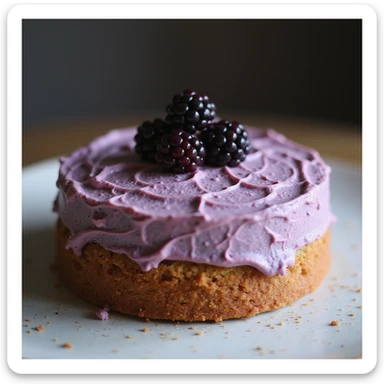 realistic round cake with blackberry frosting and fresh blackberries, photorealistic style sticker
