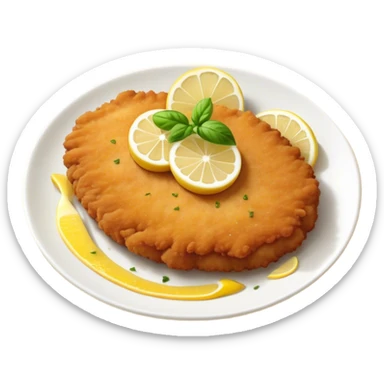 Cinematic Realistic Veal Schnitzel Dish Emoji, depicted as a golden, breaded veal cutlet served with lemon rendered with crisp textures and inviting, natural lighting. sticker