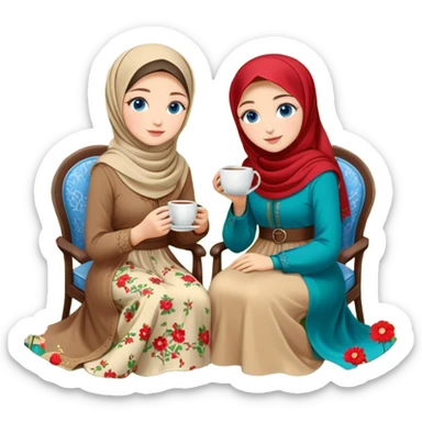 Turkish beautiful finish Konya girls blue eyes with Beautiful beige red green floral hijab long tail dress and this two friends sit in a lovely garden on the chair on the ground and holds cup coffe with her hand  sticker