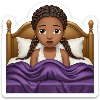 Black woman with braids in a big king size bed on one side by herself crying sticker